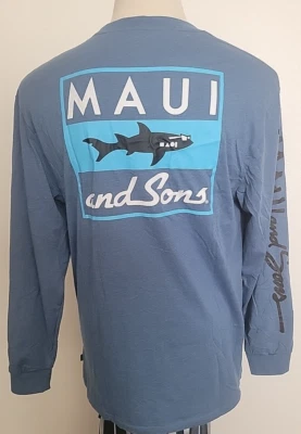 New Men's L Maui & Sons Classic Shark Shades Blue Long Sleeve Shirt - Image 1 of 4