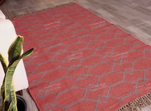 Red Wool Jute Rug With Grey Design Rug, Fringes Jute Rug, Handwoven Large Rug - Picture 1 of 6