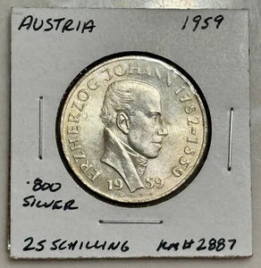 1959 Austria 25 Schilling (Erzherzog Johann) Silver Coin - KM#2887 - Picture 1 of 2