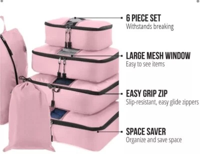 Gorilla Grip 6 Set Packing Cubes Travel Essentials for Suitcases Breathable Pink - Image 1 of 4