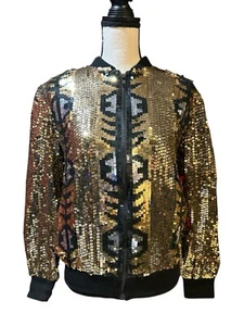 NEW Vintage JEWEL QUEEN by Angelique Gold/Silver Sequin Zip Silk Jacket Sz S - Picture 1 of 7
