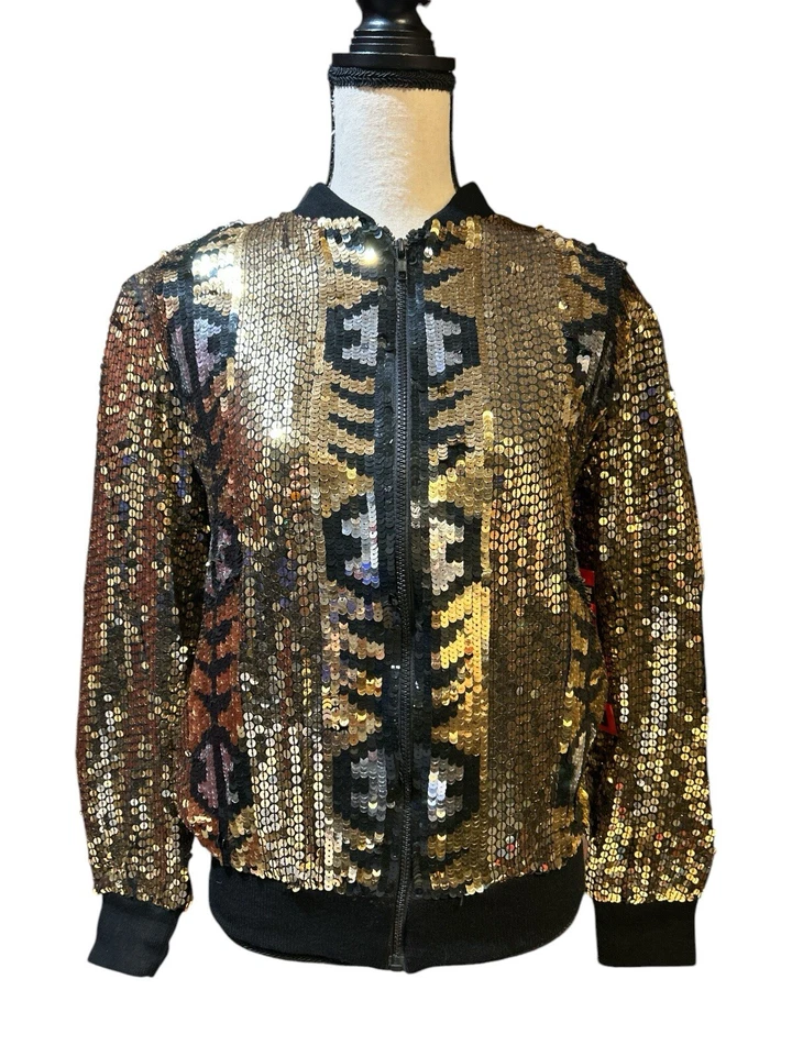 NUEVA Chaqueta De Colección JEWEL QUEEN de Angelique Lentejuelas Doradas/Plateadas Cremallera Seda Talla S Foto 1 de 4