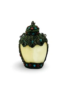 Antique Tibetan Silver Snuff Bone Bottle With Turquoise And Coral Stones 7cm - Picture 1 of 8
