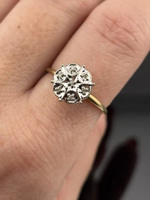Vintage 10k Yellow Gold Cluster Illusion Set Diamond Ring White Gold Head s 6.75 - Image 1 of 4