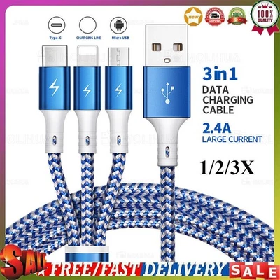 Universal 3 in 1 Multi USB Cable Fast Charger Type C Lead For IOS, Samsung Phone - Image 1 of 4