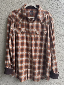 Moonshine Spirit Shirt Mens Western Snap Flannel Copper Plaid Aztec Ranch Size L - Picture 1 of 9