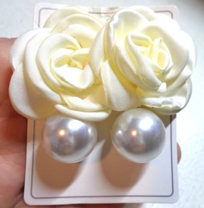 Fashion, Handcrafted, Large Dimensional Floral/Faux Pearls Dangle Earrings Set. - Picture 1 of 3
