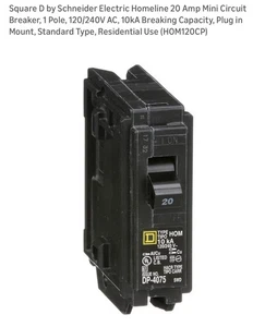 Elektrischer Homeline 20 Amp Mini Leitungsschutzschalter, 1-polig, 120/240V AC, 10kA Unterbrechung - Bild 1 von 4