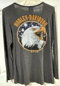 Harley-Davidson Shirt Womens Medium Gray Long Sleeve V-Neck Eagle 1903 Made USA - Picture 1 of 6