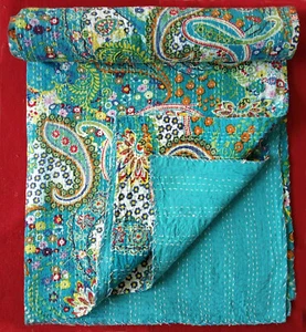 Indian Kantha Quilt King Size Bedspread Navy Blue Color Bedcover Bohemian Gudari - Picture 1 of 7