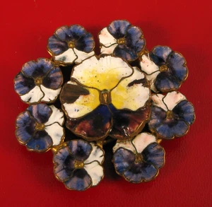 ANTIQUE WOMENS ENAMEL BRASS CLIP BELT BUCKLE FLORAL PANSIE FLOWERS !! - Bild 1 von 2