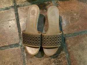 Tory Burch Elaine Wedge Slides Cork Platform Tan Logo Perforated Wm US 8M NEW - Picture 1 of 4