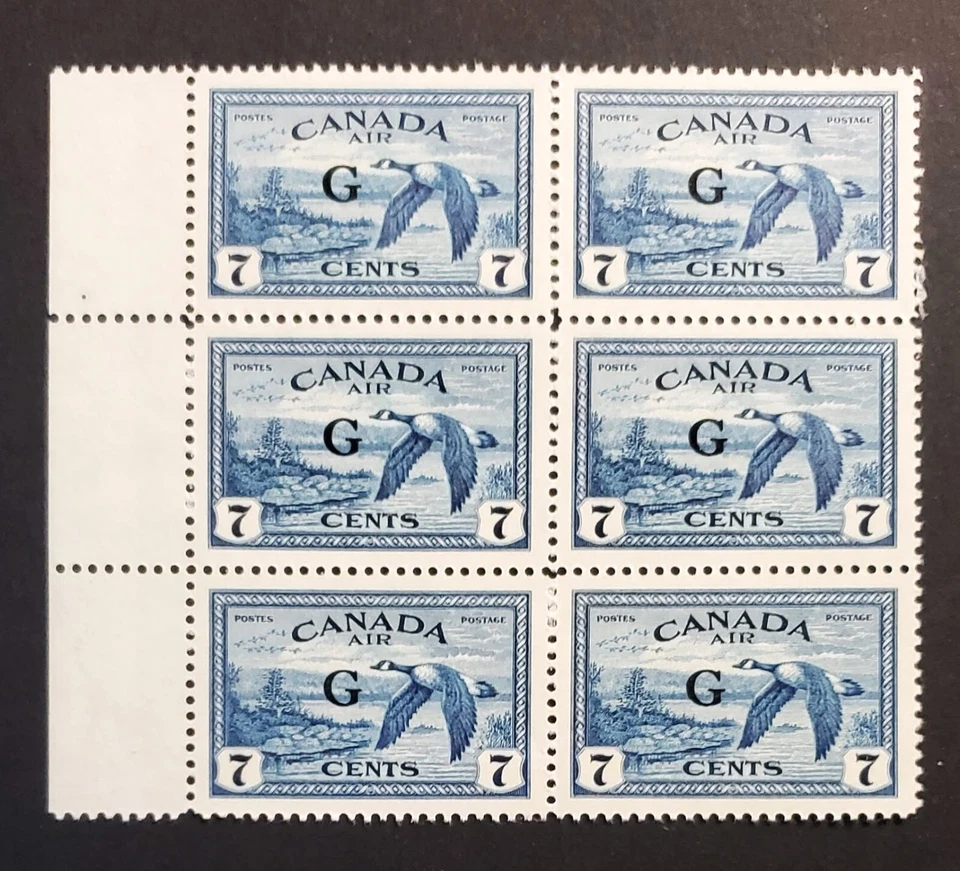 Stamps Canada Mint: CO2 7c blue Canada Goose 'G' overprint Blk. of 6 VF MNH - Image 1 of 1