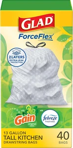 Forceflex Tall Kitchen Trash Bags, 13 Gal, Gain Original with Febreze, 40 Ct (Pa - Picture 1 of 12