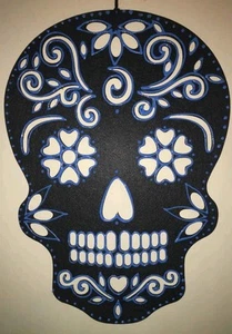 Hand Painted Sugar Skull Wall Hanging (Blue Neon)- 16.5" Tall x 12" Wide - Picture 1 of 2