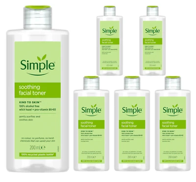 6 x 200ml Simple Kind to Skin Soothing Facial Toner Alcohol Free