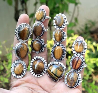 Lote al por mayor de anillos boho enchapados en plata de ley 925 con piedras preciosas de ojo de tigre natural Foto 1 de 3