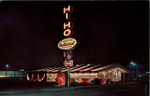 ROSEBURG, OREGON - HI-HO PFANNKUCHEN RESTAURANT BEI NACHT - ALTE POSTKARTE - Bild 1 von 2