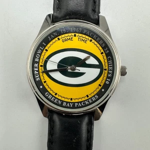 Green Bay Packers Watch Men Silver Tone Leather Band 35M Game Time Working - Picture 1 of 13