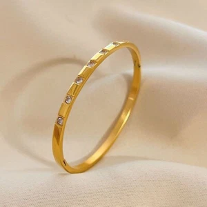 Woman 18K Gold Plated Stainless Steel Square CZ Oval Cuff Bracelet Bangle - Picture 1 of 6