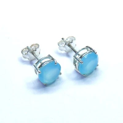 Серьги-гвоздики из стерлингового серебра 925 пробы круглой формы с аква-халцедоном для женщин - Изображение 1 из 4