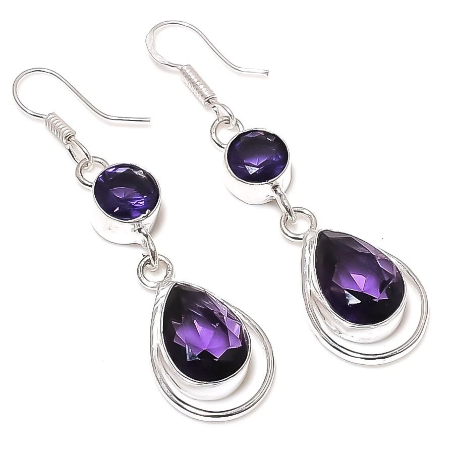 Purple Amethyst Gemstone Handmade 925 Sterling Silver Jewelry Earring Sz 1.8'' - Image 1 of 1