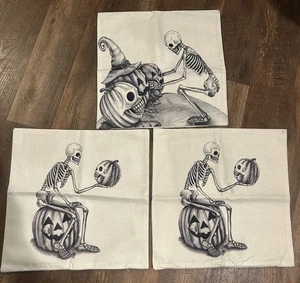 Juego de 3 fundas de almohada de Halloween esqueleto calabaza algodón lino 17 x 17 pulgadas - Imagen 1 de 6