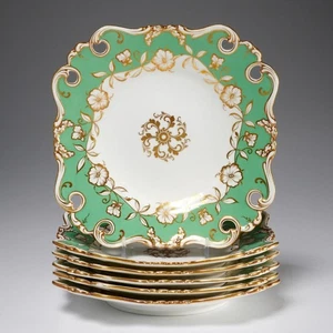 Antike englische Porzellan grün gold Mittagessen Dessertteller 6er Set **LESEN** - Bild 1 von 8