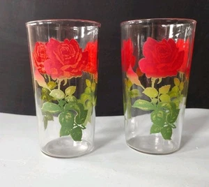 Vtg Set of 2 Vintage Red & Green Rose Print Drinking Glasses - Picture 1 of 3