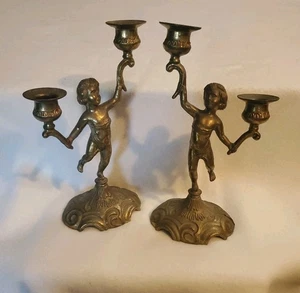 Vintage Brass Cherub Putti Double Candle Holders Candlesticks Set 2 9.5" Ornate - Picture 1 of 6