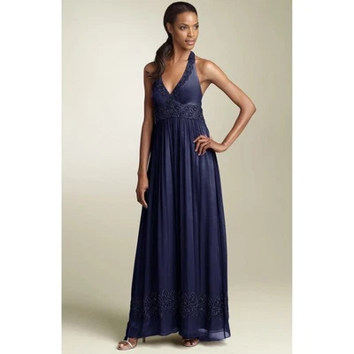Adrianna Papell Evening Beaded Halter Maxi Dress Navy Blue Silk Formal Cocktails - Image 1 of 4