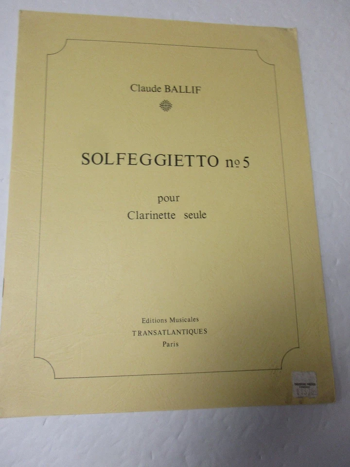 Claude Ballif Solfeggieto No 5 for Clarinet Solo Sheet Music Transatlantiques - Image 1 of 2