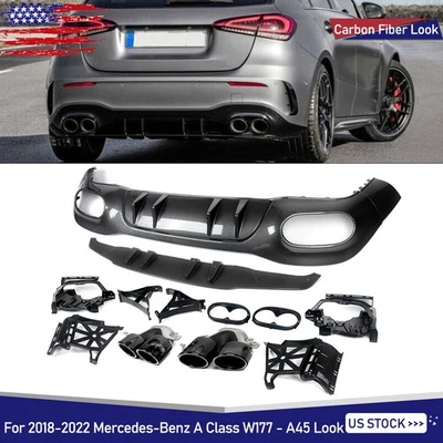 For Mercedes A-Class W177 A45 Look Rear Bumper Diffuser W/ Tailpipe Carbon Style - Imagem 1 de 4