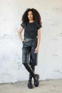 NEW Women's Moto Biker Chic Real Black Leather Shorts - Picture 1 of 7