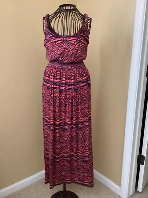 Soprano Women’s Maxi Dress Orange/Navy Geometric Scoop Neck Dress Size Medium  - Image 1 of 4
