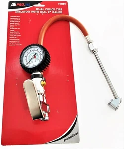 ATE PRO 220PSI DUAL HEAD TIRE CHUCK INFLATOR AIR PRESSURE DIAL GAUGE HOSE #12069 - Picture 1 of 2
