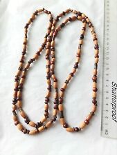 Extra Long Brown Wood & Gold Tone Bead Necklace  150cm A326