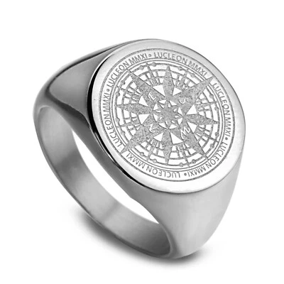 Round Star Compass Signet Ring Stainless Steel Men Women Lucky Star Amulet Ring - Image 1 of 4