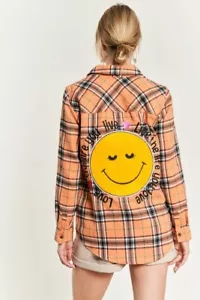 Jade by Jane Smile Face Patch Orange Plaid Plus Size Long Sleeve Flannel 1XL - Picture 1 of 5