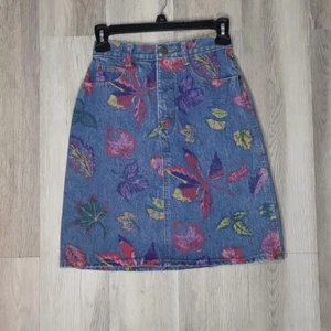 Vintage High Waist Denim Blue Jean Skirt Colorful Leaves Womens Size 5 - Bild 1 von 7