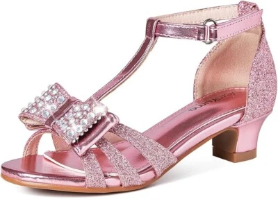 Pink Glitter Girls Sandals Low Heels Glittler Bow Dress Size 3 - Image 1 of 4