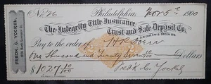 1900 Bank Check The Integrity Title Insurance Trust and Safe Deposit Co. Phila - Picture 1 of 2