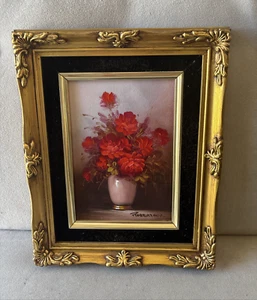 Pintura al óleo Robert Cox sobre madera naturaleza muerta flores rojas marco dorado 10,25' x 8,25" - Imagen 1 de 5