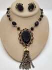 RARE Elsa Schiaparelli Set Necklace Earrings Vintage Goldtone Black/Amber Glass