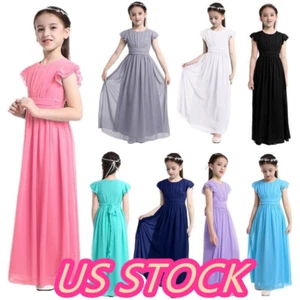 ~Girl Bridesmaid Pleated Chiffon Flower Girl Short Sleeves Maxi Long Dress - Picture 1 of 52
