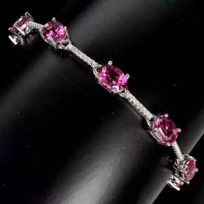 8.00 Ct Oval Cut Lab-Created Ruby Tennis Bracelet In 14K White Gold Plated - Image 1 of 4