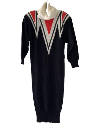 Vestido Suéter De Colección MedSlim Midi Cuello Capucha Cuero Sintético Patrón Zigzag Ribete Muestra Años 80’s Foto 1 de 4