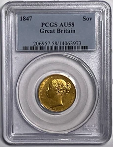 1847 Großbritannien Gold Sovereign Young Victoria PCGS AU58, 0,2354 oz AGW - Bild 1 von 7