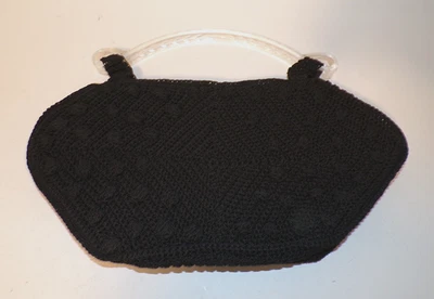 NOS Vintage Hand Knit Crocheted Black Handbag with Clear Lucite Handle, 15.25"w - Image 1 of 4