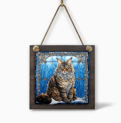Настенный знак Maine Coon Cat 4,8 дюйма небольшой деревянный и металлический подвес для окна - Изображение 1 из 4